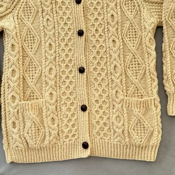 Vintage Irish Wool Sweater Hand Knit Cardigan Collar Ivory Chunky Fisherman READ - Picture 6 of 16